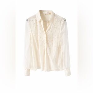 Ultra Pink Cream Sheer Blouse with Pearl Accents